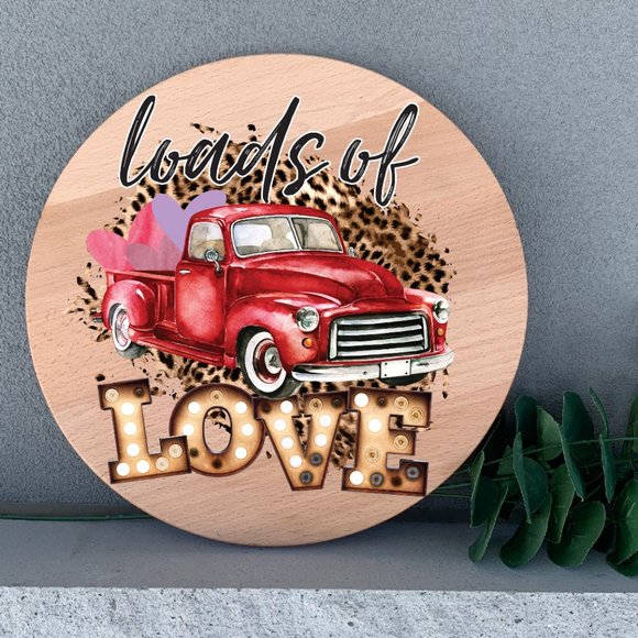 Hand Crafted Other - Valentines Old Red Truck Loads of Love 12" Round Wood Handmade Wall Art